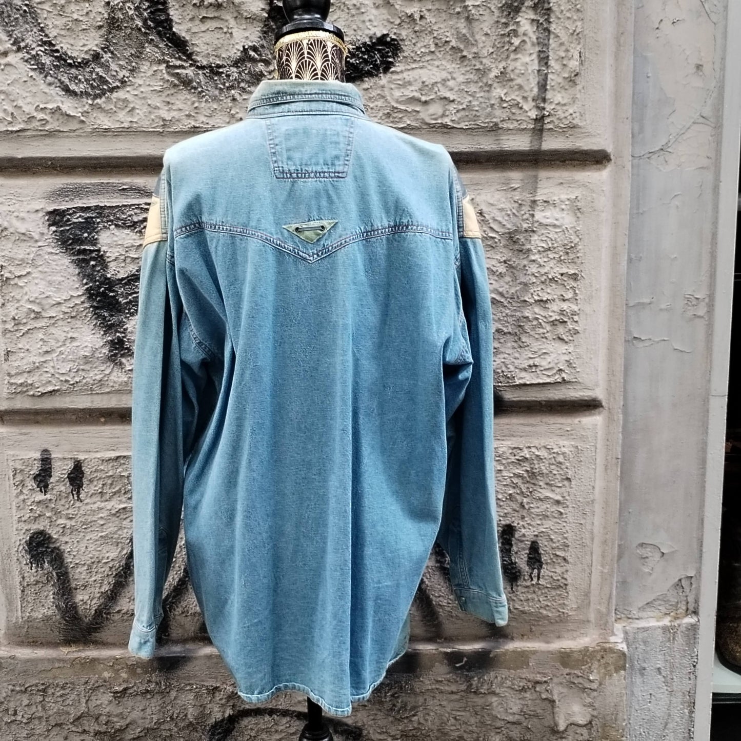 Camicia vintage texana in denim con inserti in pelle