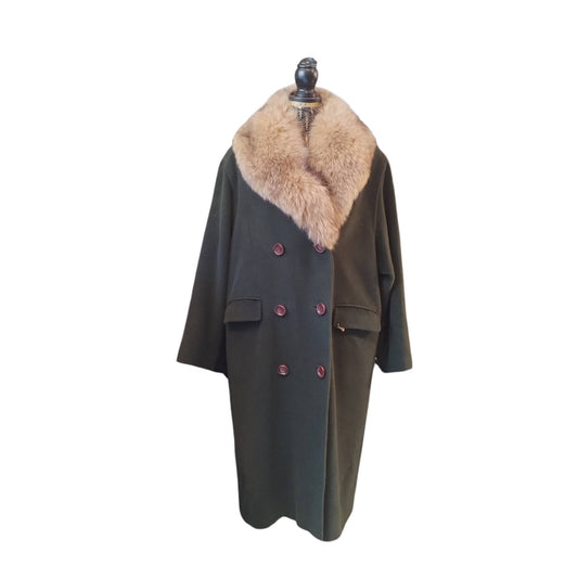 Cappotto vintage verde in lana e cashmere con collo di volpe