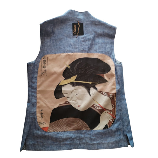Gilet vintage in lino custom con applicazione giapponese
