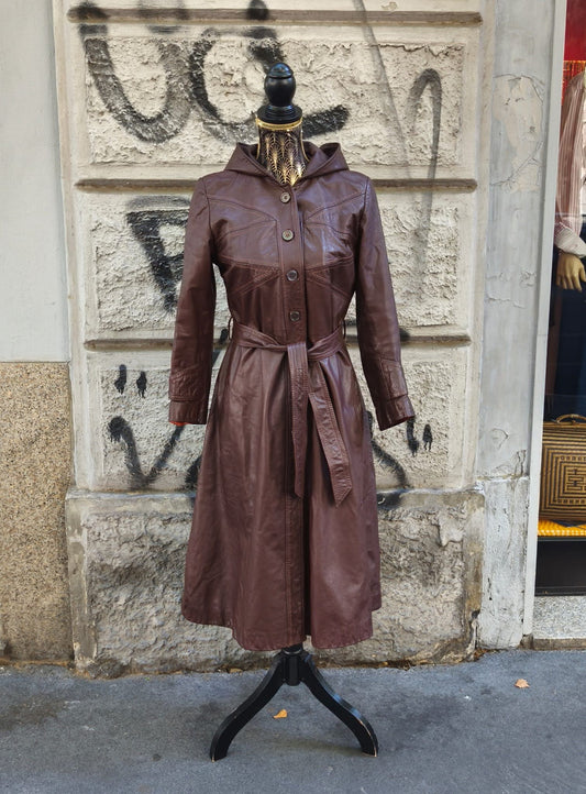 Trench coreano vintage in vera pelle  con cappuccio Taglia s