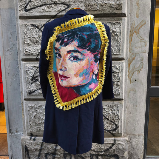 Cappotto donna blu vintage custom in pura lana Audrey Hepburn