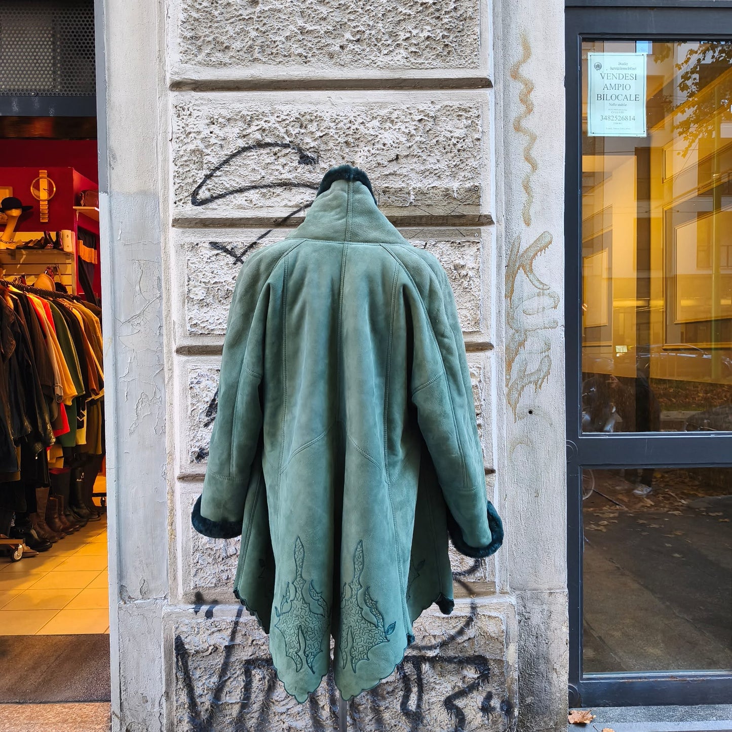 Montone shearling vintage verde smeraldo con ricami