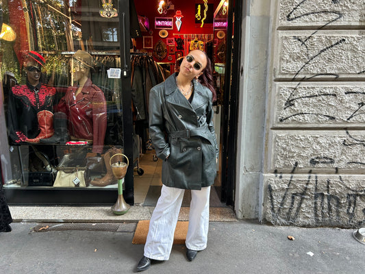 Trench donna vintage anni 70 in vera pelle verde scuro