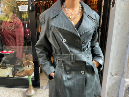 Trench donna vintage anni 70 in vera pelle verde scuro