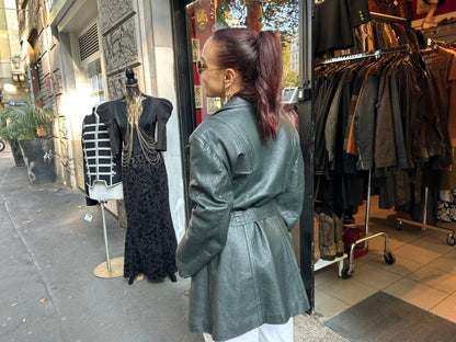 Trench donna vintage anni 70 in vera pelle verde scuro