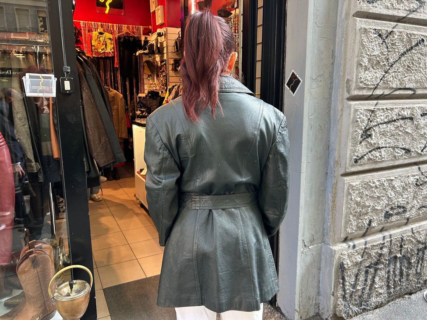 Trench donna vintage anni 70 in vera pelle verde scuro