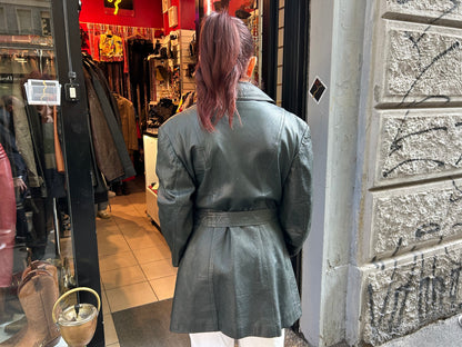 Trench donna vintage anni 70 in vera pelle verde scuro