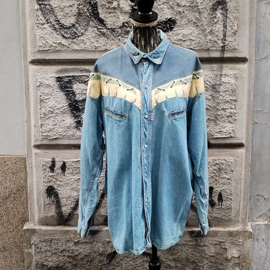 Camicia vintage texana in denim con inserti in pelle