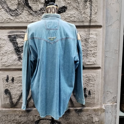 Camicia vintage texana in denim con inserti in pelle