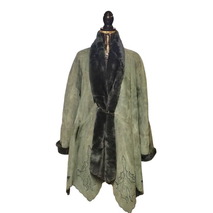 Montone shearling vintage verde smeraldo con ricami