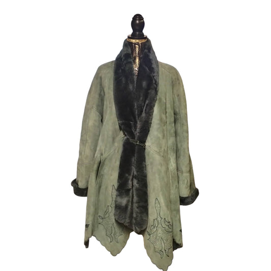 Montone shearling vintage verde smeraldo con ricami