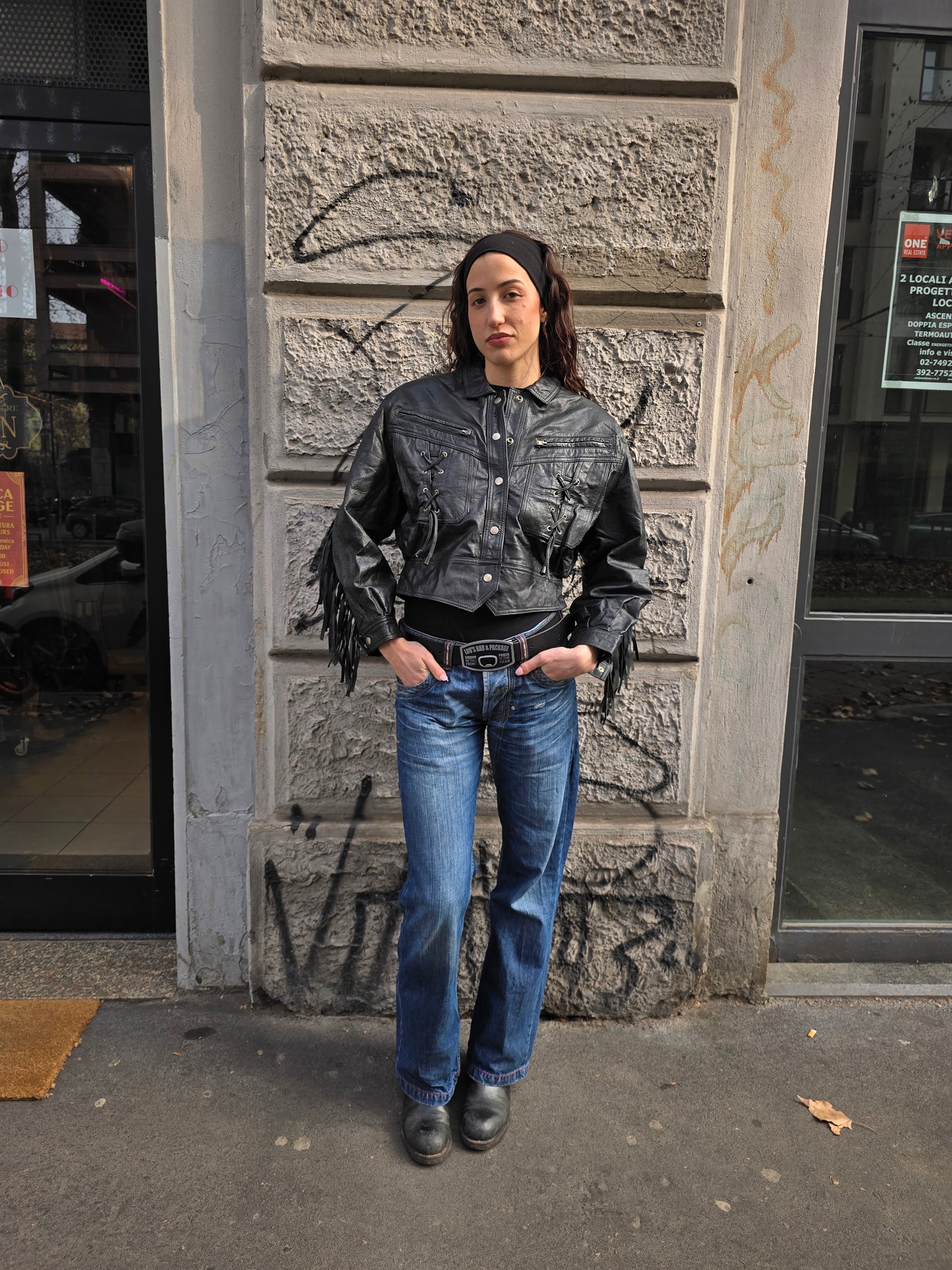 Giacca vintage in vera pelle frangiata