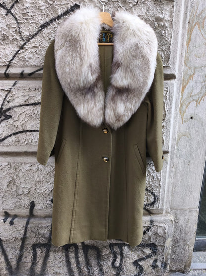 Cappotto donna vintage in cashmere con collo in vera pelliccia di volpe