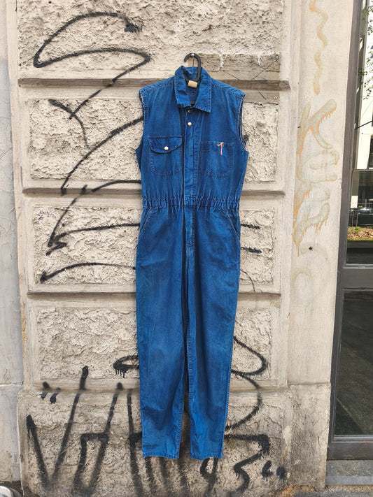 Tuta smanicata workwear vintage in jeans Fiorucci anni 80