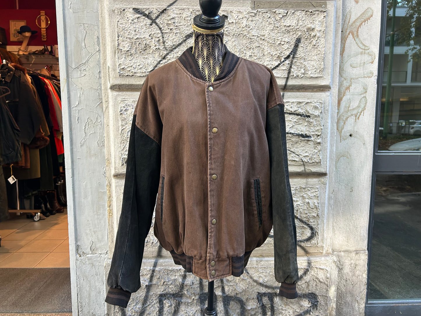 Bomber uomo vintage in denim marrone e vera pelle nera