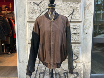 Bomber uomo vintage in denim marrone e vera pelle nera