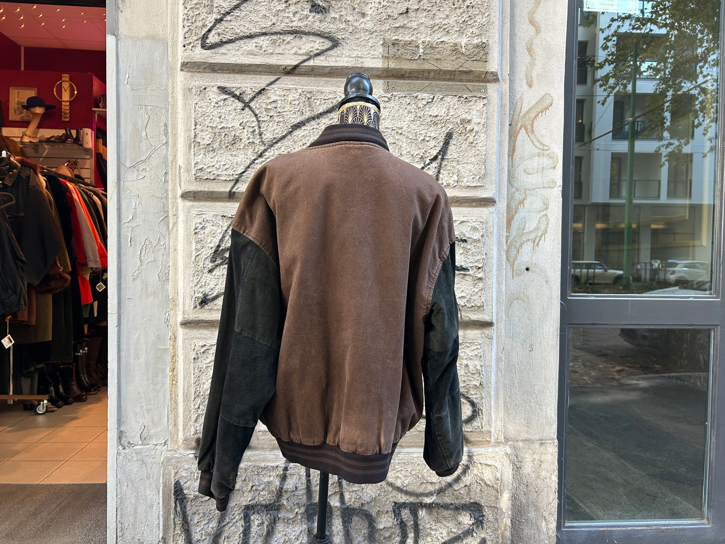 Bomber uomo vintage in denim marrone e vera pelle nera