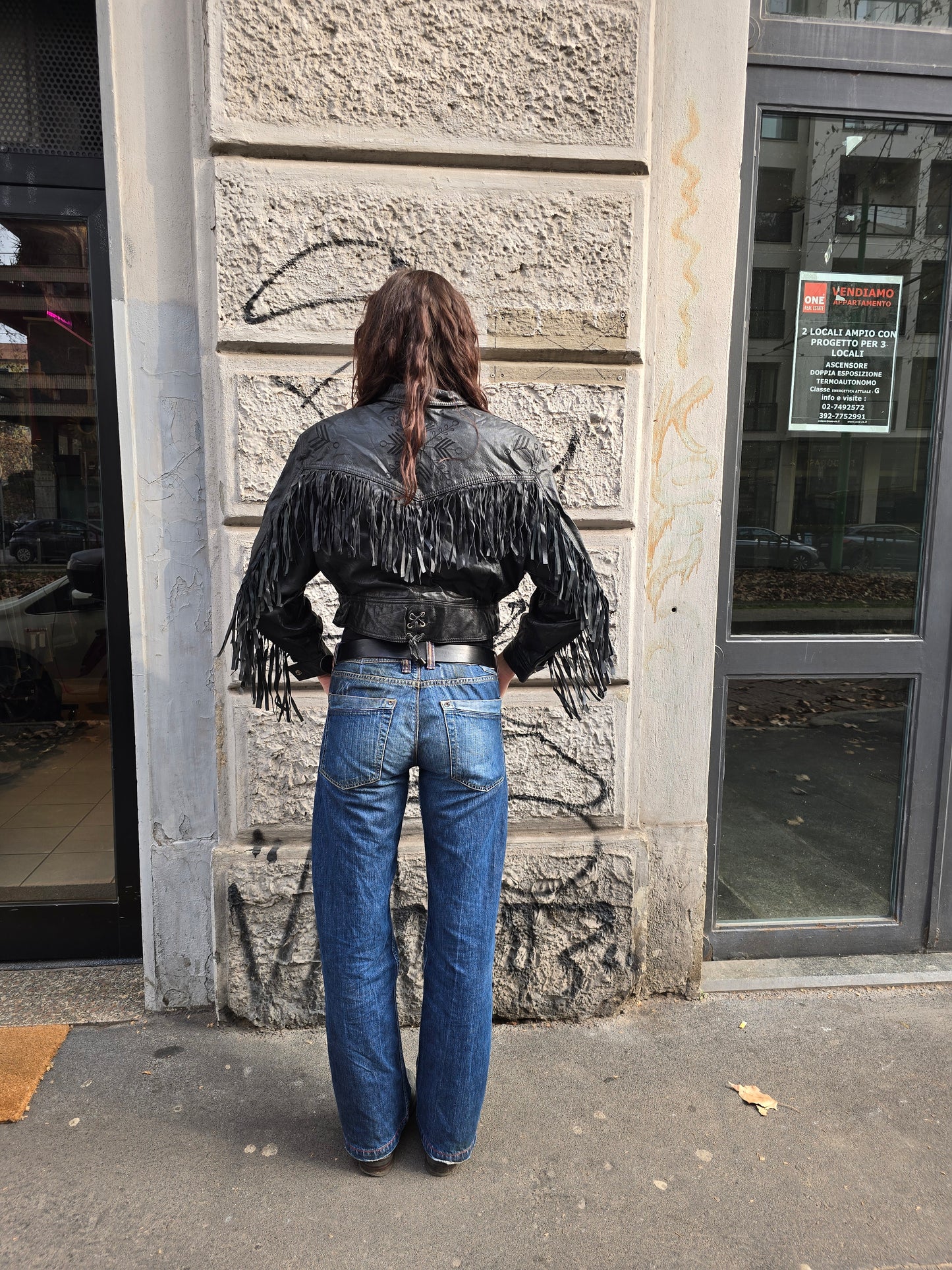 Giacca vintage in vera pelle frangiata