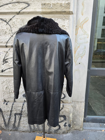 Giacca vintage in vera pelle con collo in pelliccia