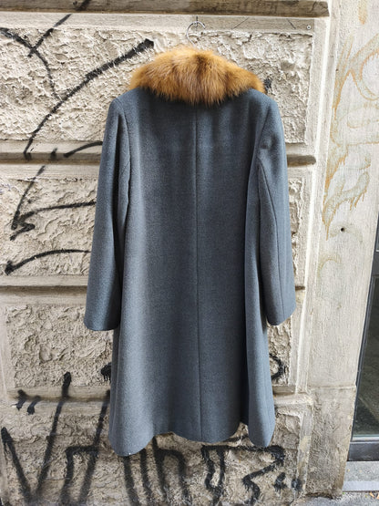 Cappotto donna vintage in pura lana grigio con collo in visone