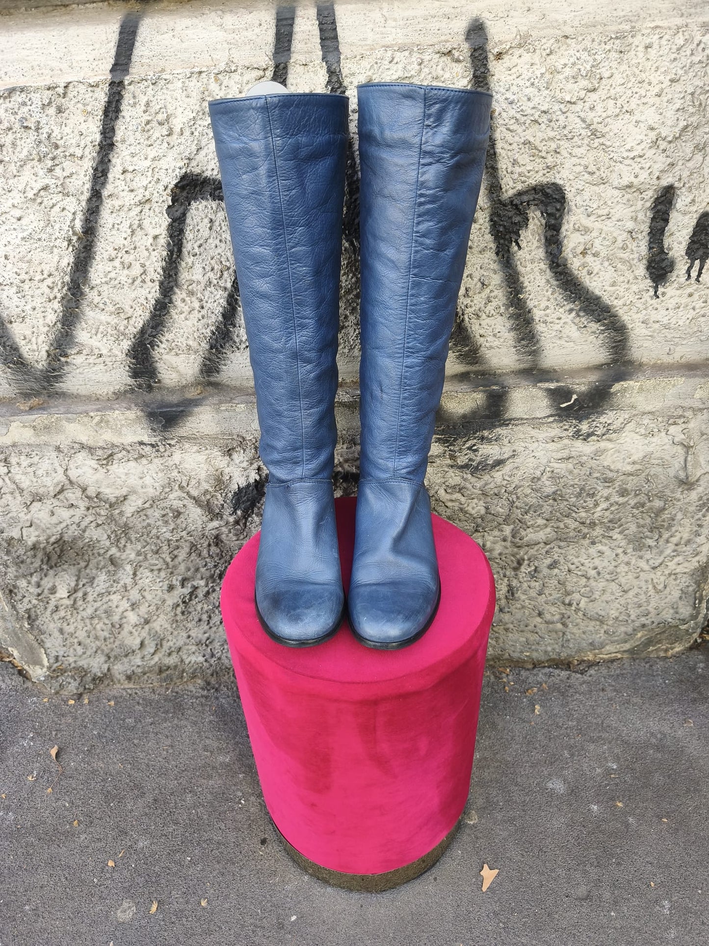 Stivale vintage donna blu in vera pelle