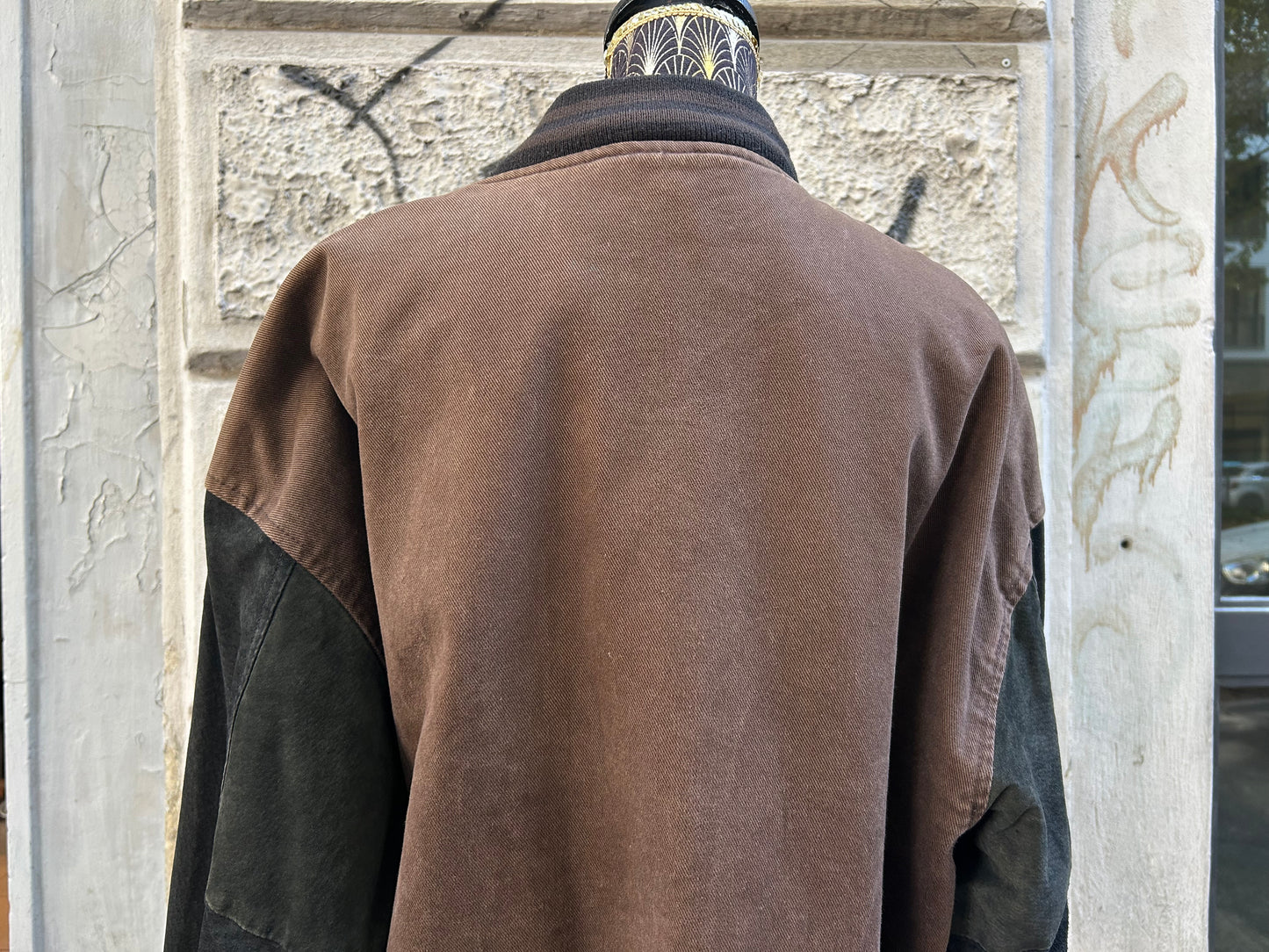 Bomber uomo vintage in denim marrone e vera pelle nera