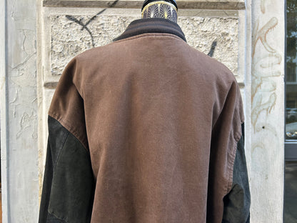 Bomber uomo vintage in denim marrone e vera pelle nera