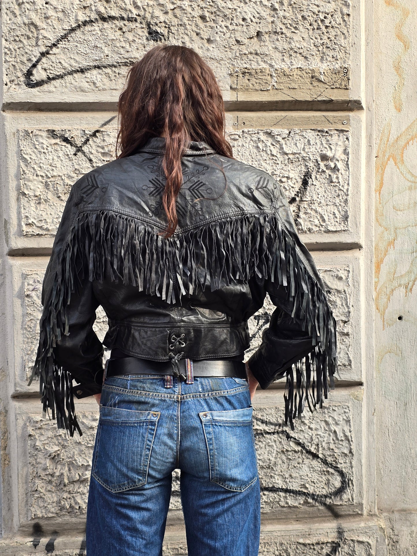 Giacca vintage in vera pelle frangiata