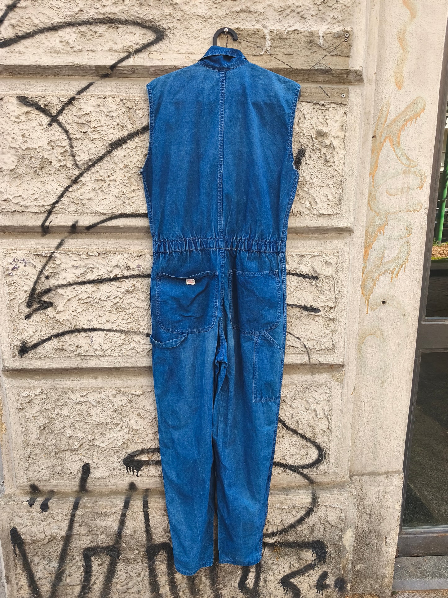 Tuta smanicata workwear vintage in jeans Fiorucci anni 80