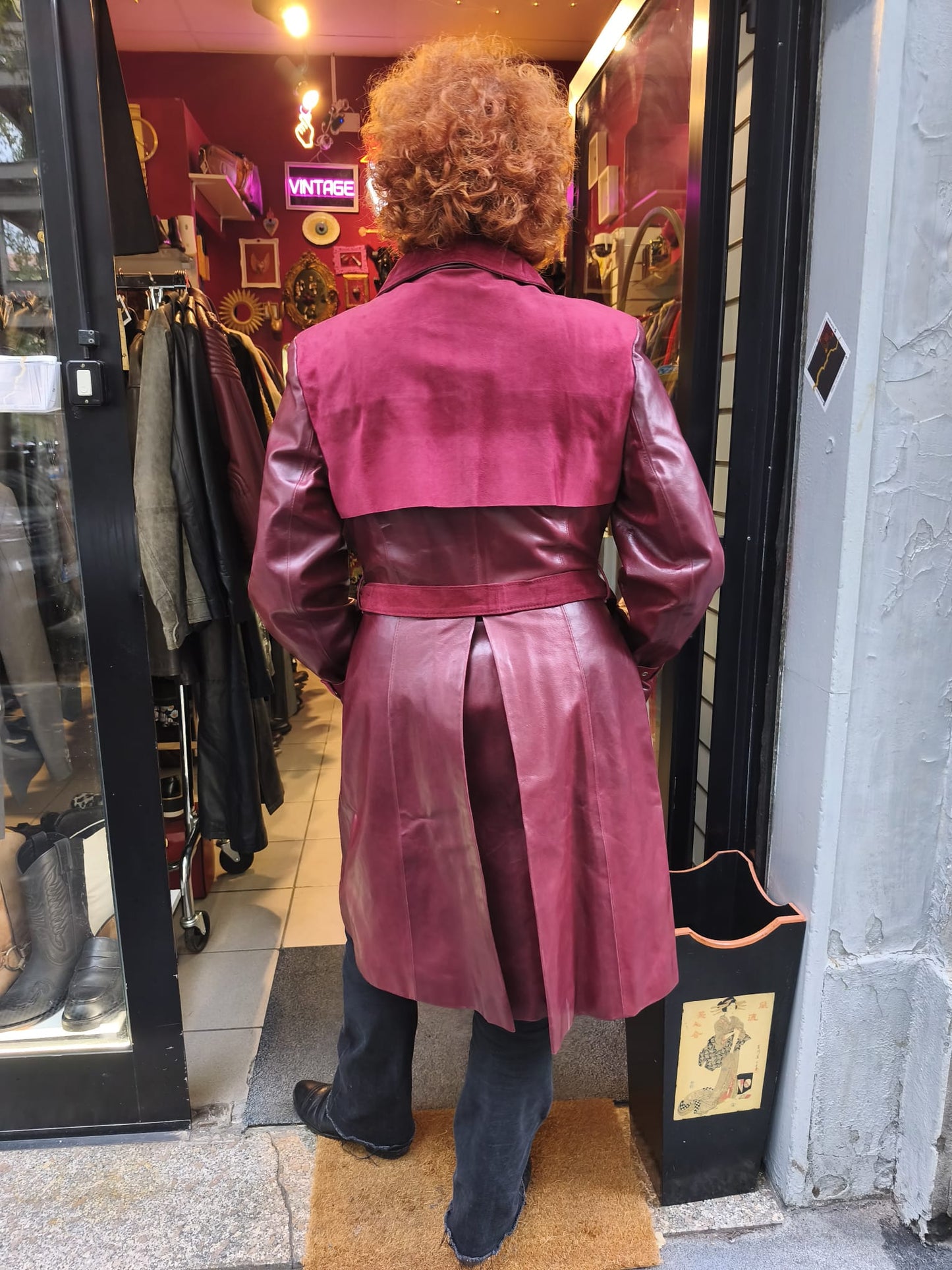 Trench donna lungo vintage in vera pelle rossa borgogna