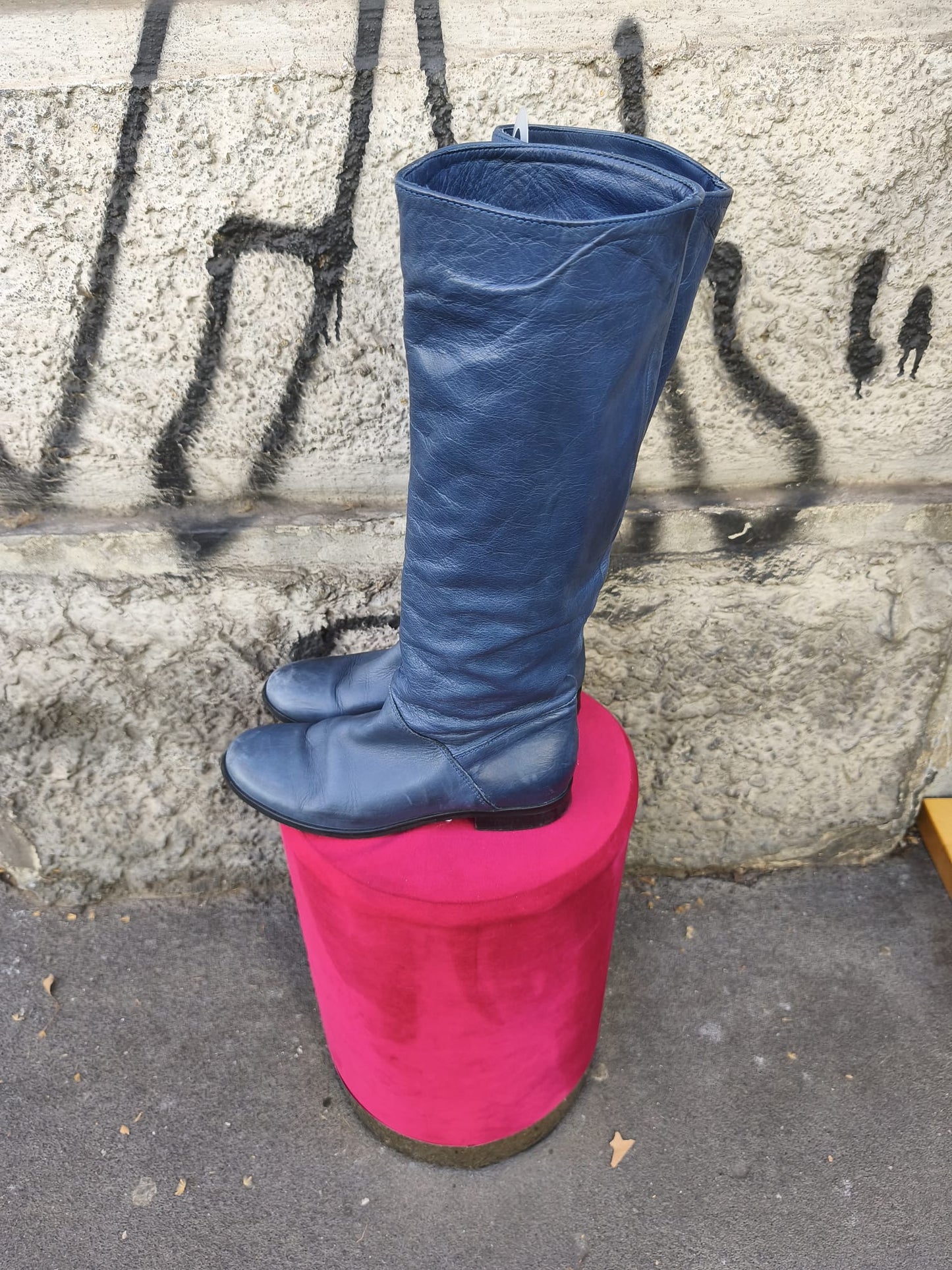Stivale vintage donna blu in vera pelle
