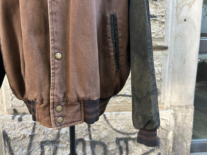 Bomber uomo vintage in denim marrone e vera pelle nera