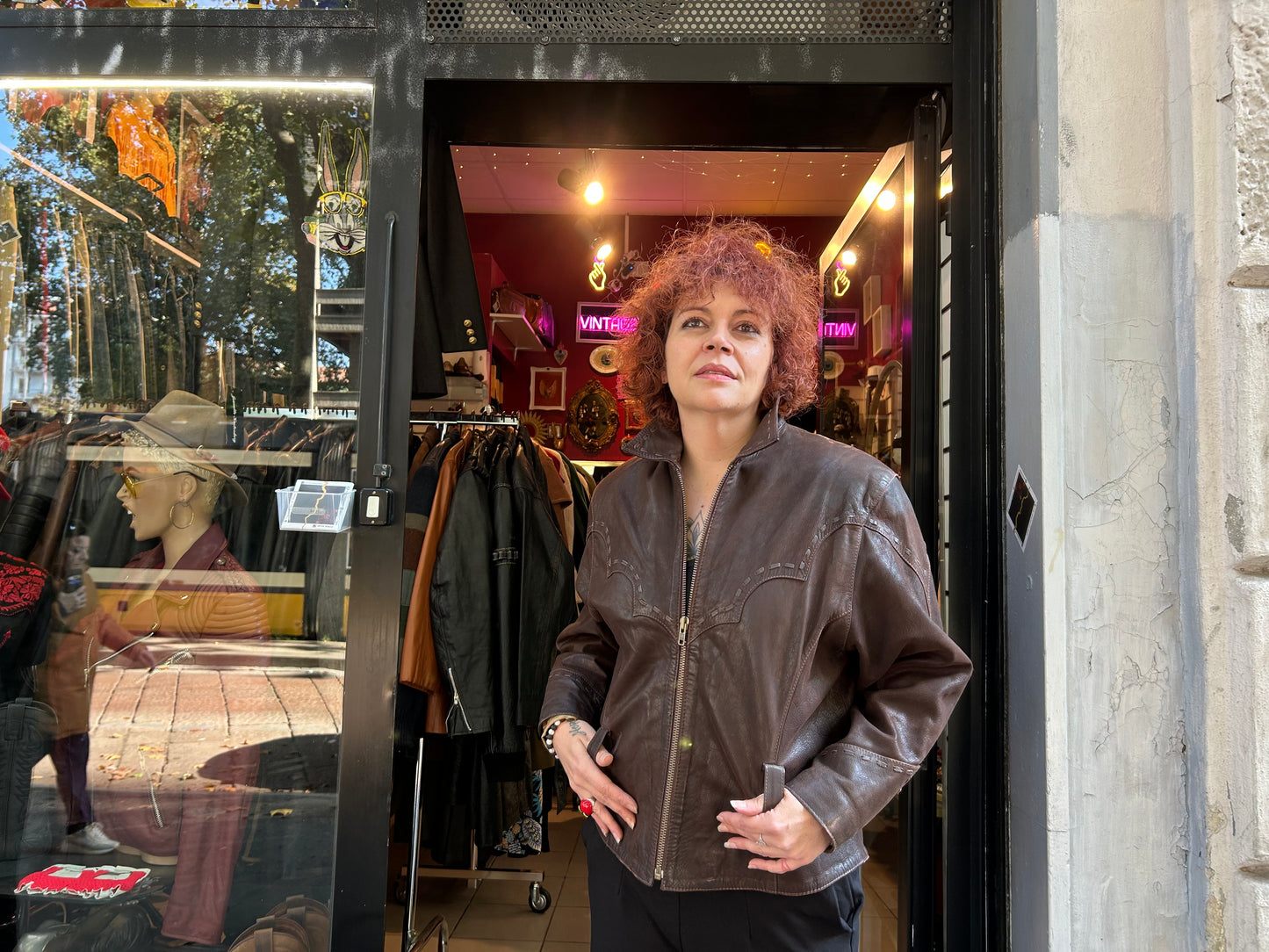 Giacca vintage in pelle marrone texana