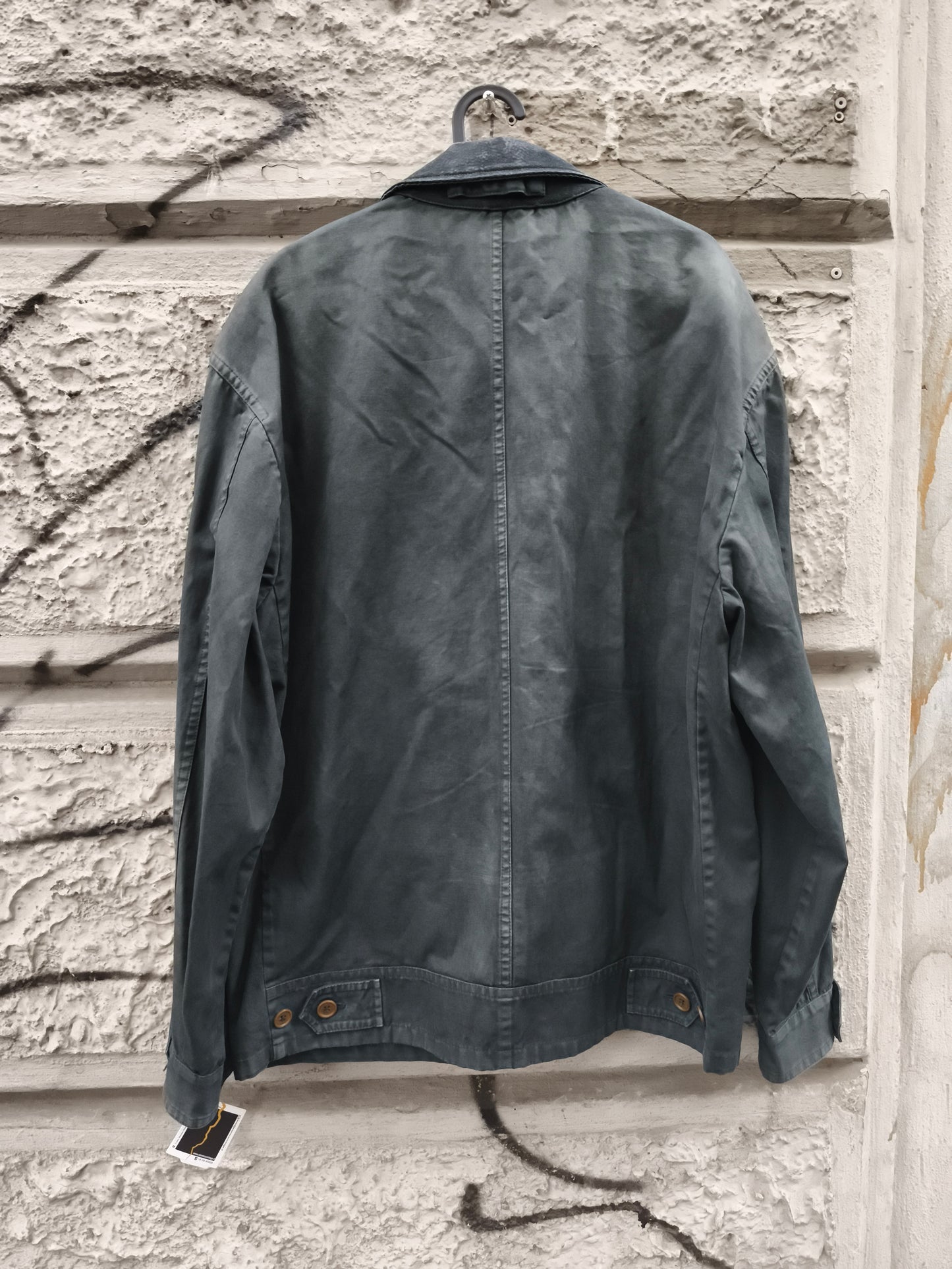 Giacca vintage in cotone,  workwear,  verde petrolio con collo in pelle
