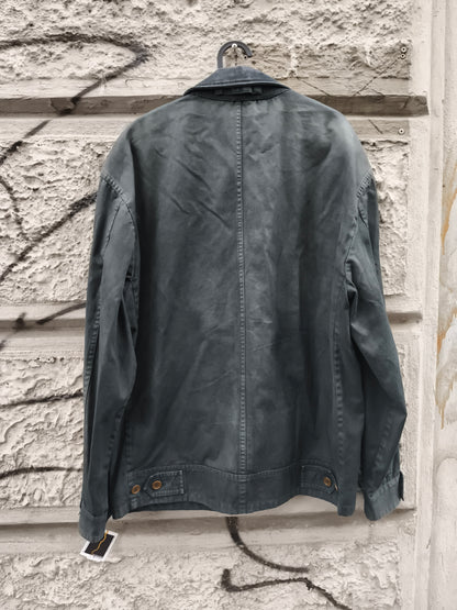 Giacca vintage in cotone,  workwear,  verde petrolio con collo in pelle