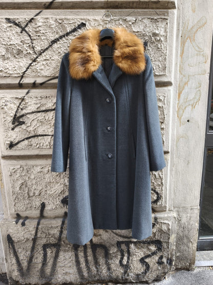 Cappotto donna vintage in pura lana grigio con collo in visone
