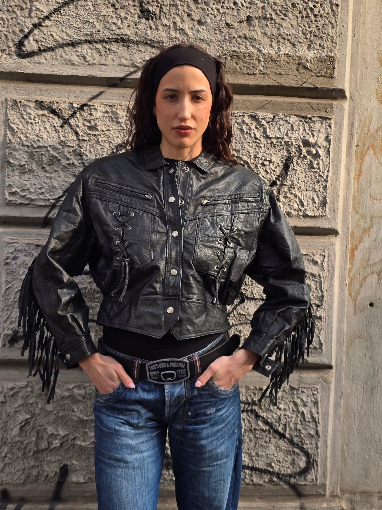 Giacca vintage in vera pelle frangiata