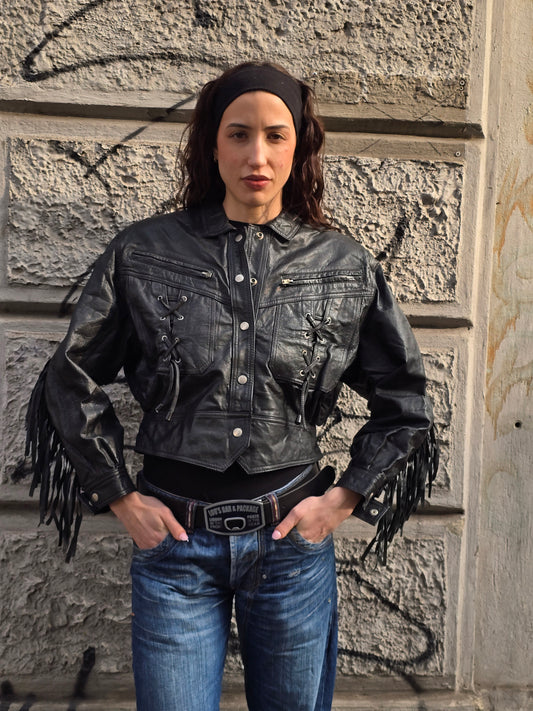Giacca vintage in vera pelle frangiata