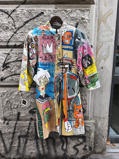 Trench donna vintage dipinto a mano a tema Basquiat