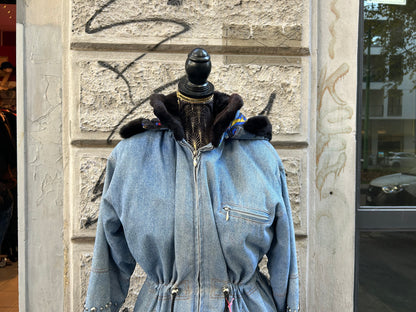 Giacca donna vintage in jeans con pelliccia interna sfoderabile
