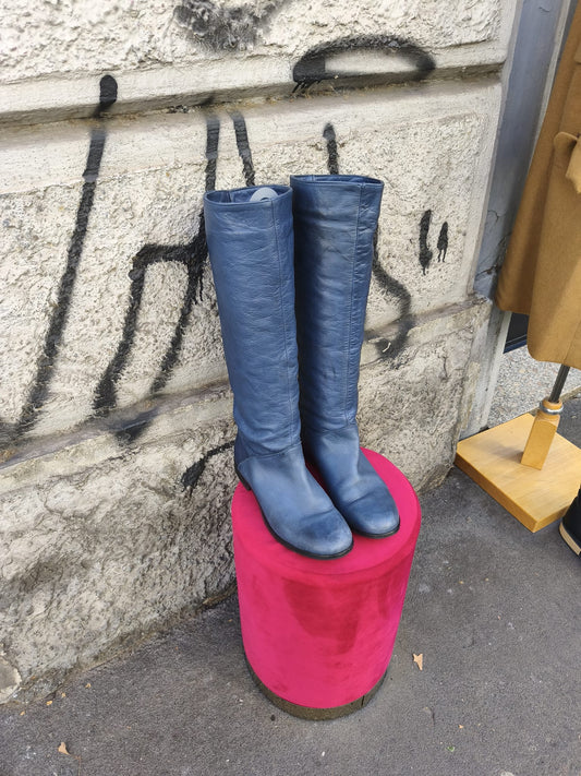Stivale vintage donna blu in vera pelle
