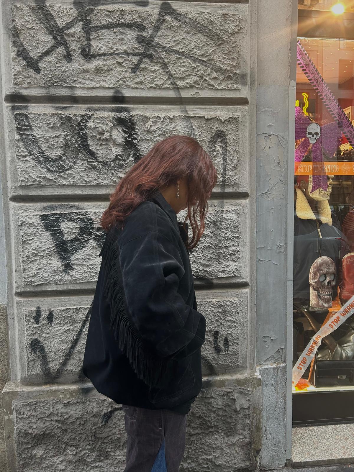 Bomber nero unisex vintage custom frange