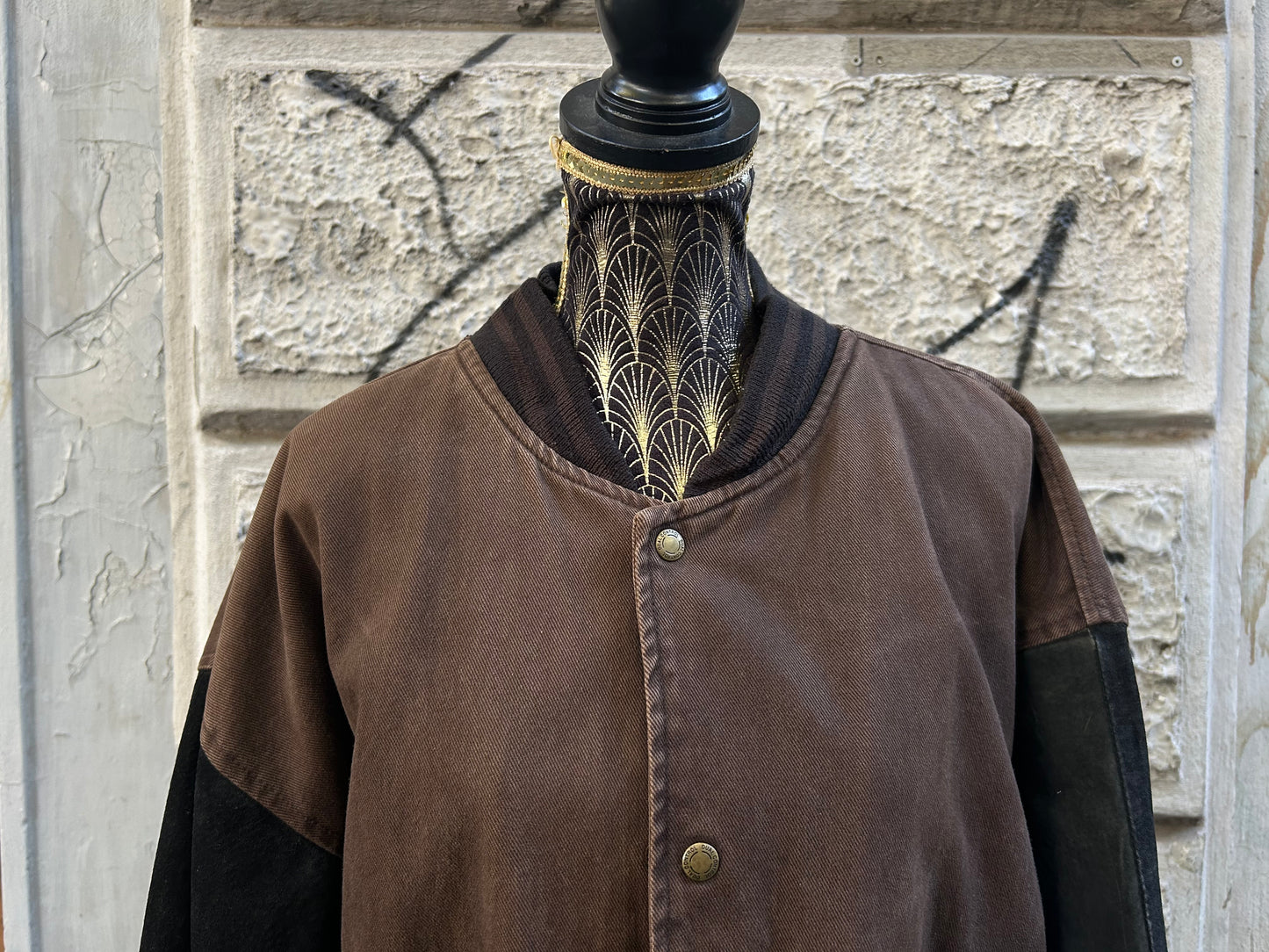 Bomber uomo vintage in denim marrone e vera pelle nera