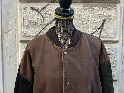Bomber uomo vintage in denim marrone e vera pelle nera