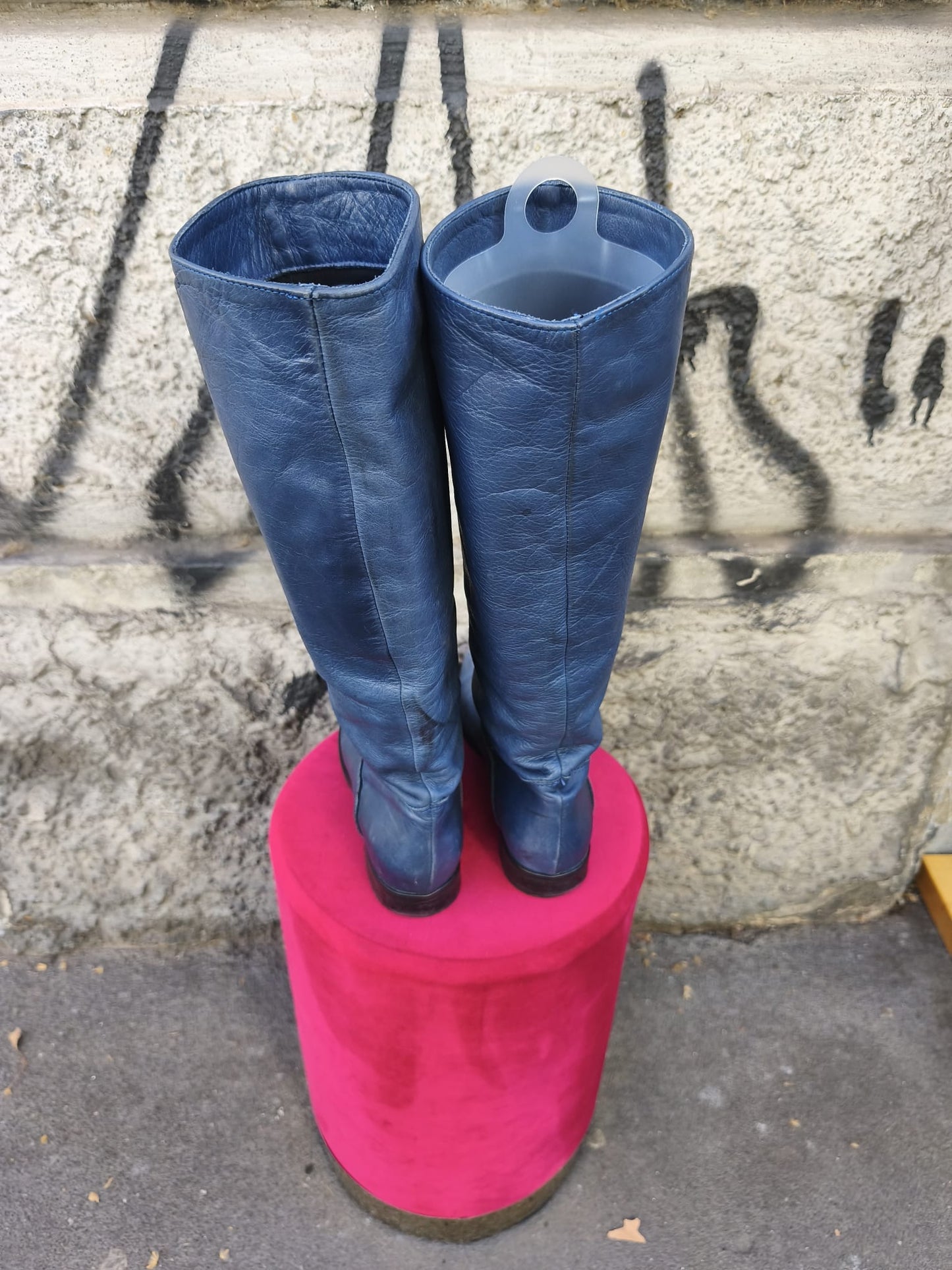 Stivale vintage donna blu in vera pelle
