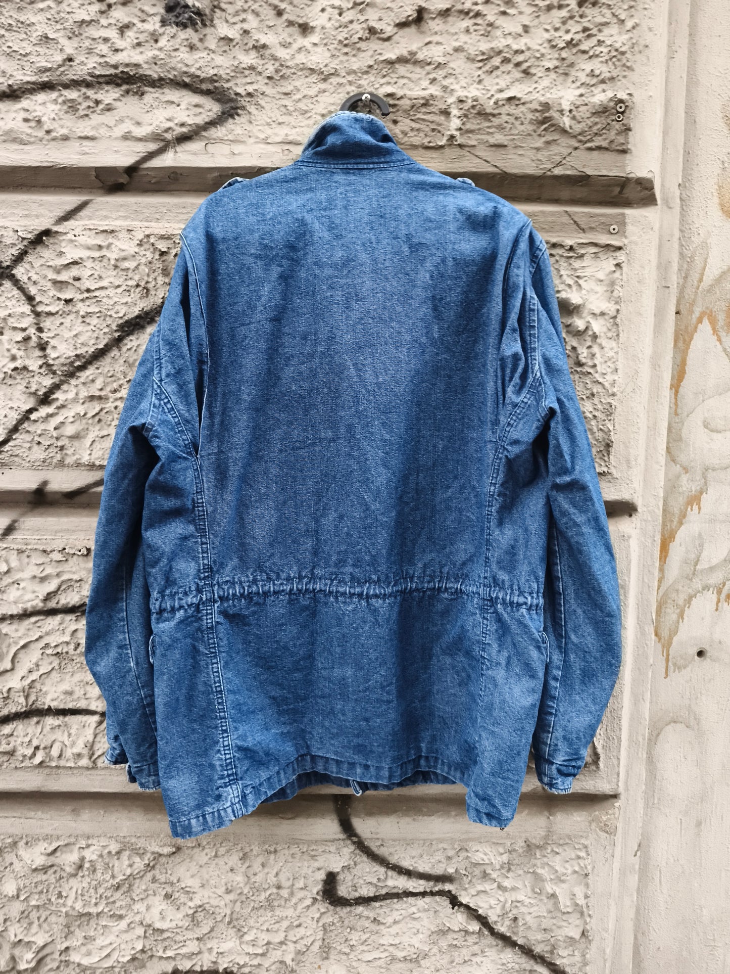 Giacca in jeans vintage Rifle con cerniera,  bottoni automatici e coulisse