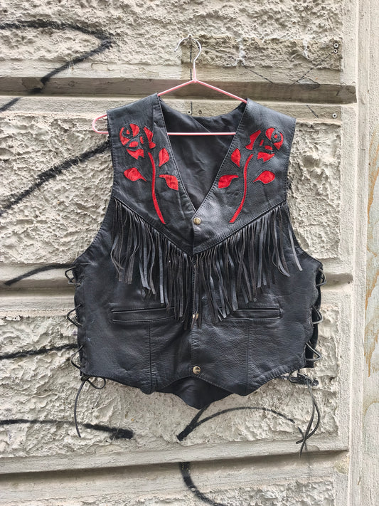 Gilet vintage in vera pelle con  frange e inserti rossi