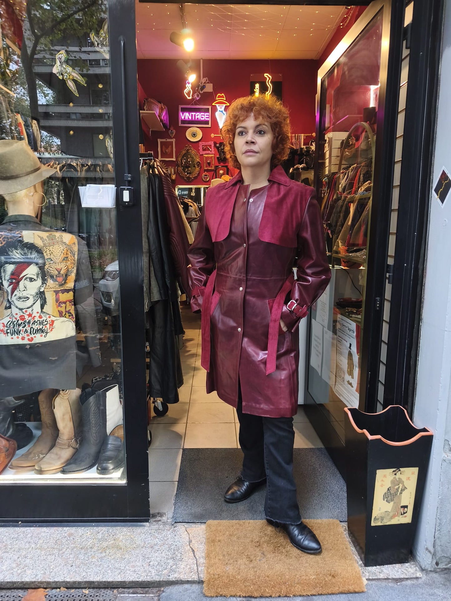 Trench donna lungo vintage in vera pelle rossa borgogna