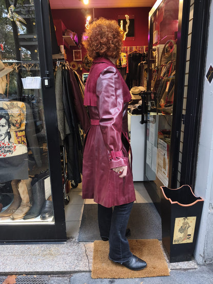 Trench donna lungo vintage in vera pelle rossa borgogna
