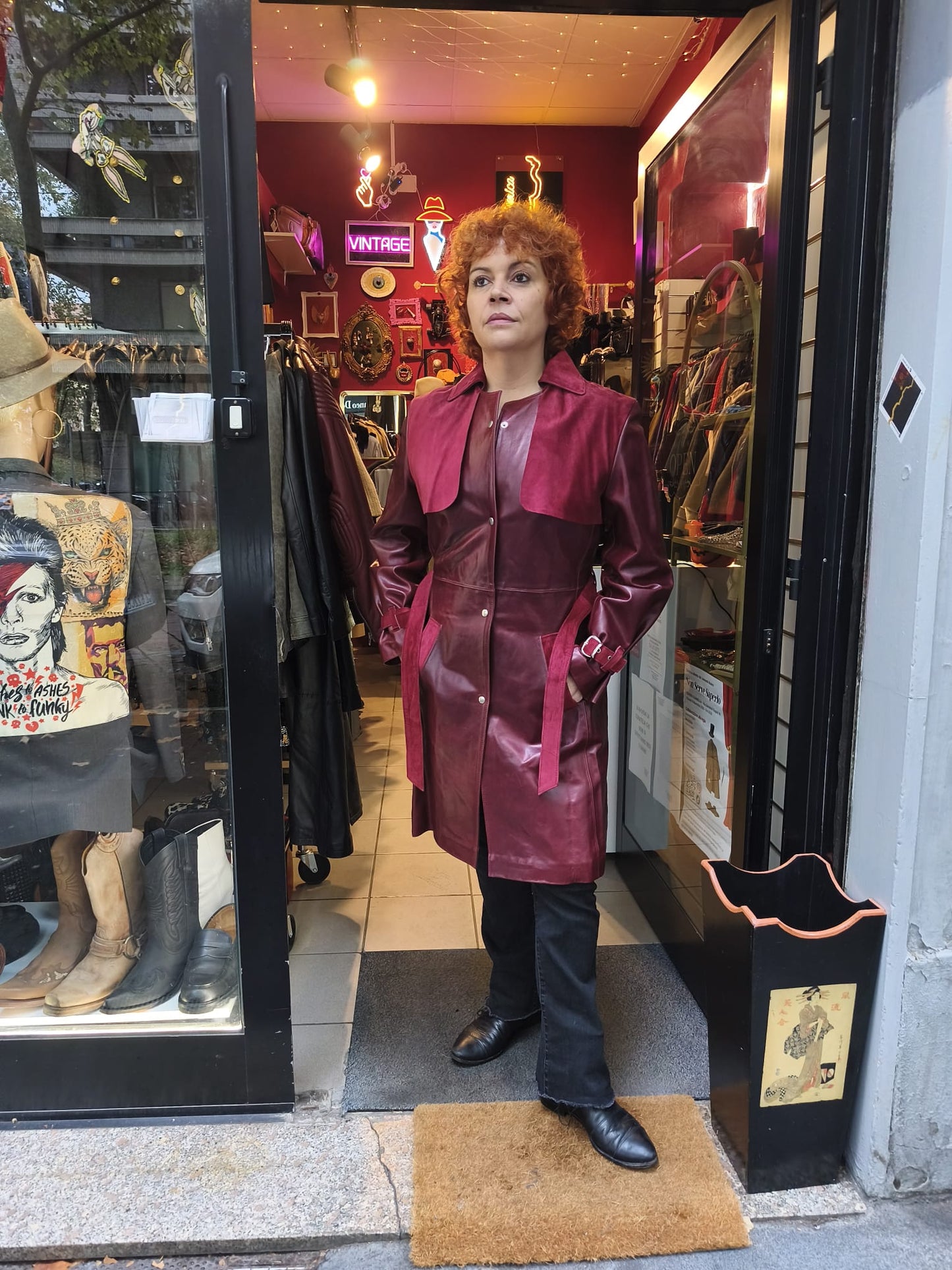 Trench donna lungo vintage in vera pelle rossa borgogna